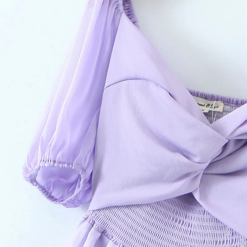 

Women Summer Purple Chiffon Dress Puff Short Sleeve Smock Elastic Back Knotted Bust Design Knee Length Empire One Peice Robe New