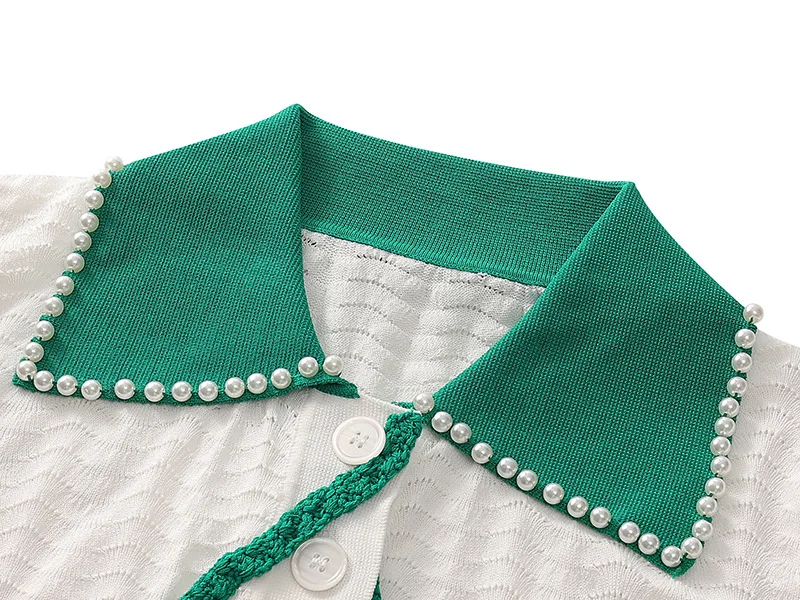 

2021 Summer Women Embroidery Cherry Polo Collar Top Contrast Color Beaded Lapel Sweet Knitwear Short Sleeve Fashion Sweater