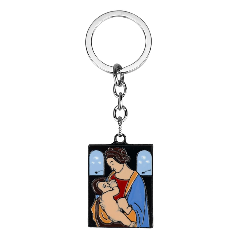 

Da Vinci's Painting The Madonna Litta Keychains Square Enamel Pendant Key Chain Car Keyring for Women Men Badge Jewelry