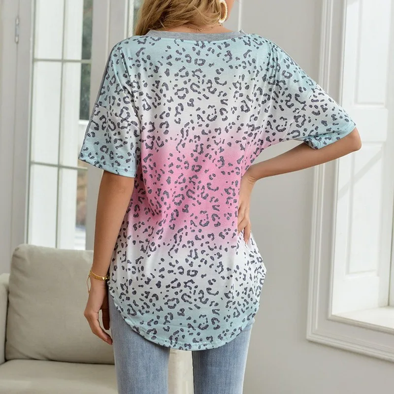 

Women Summer Stitching Leopard Print Pocket Loose Round Neck Short Sleeve T-shirt 2021 New Fashion Plus Size S-5XL