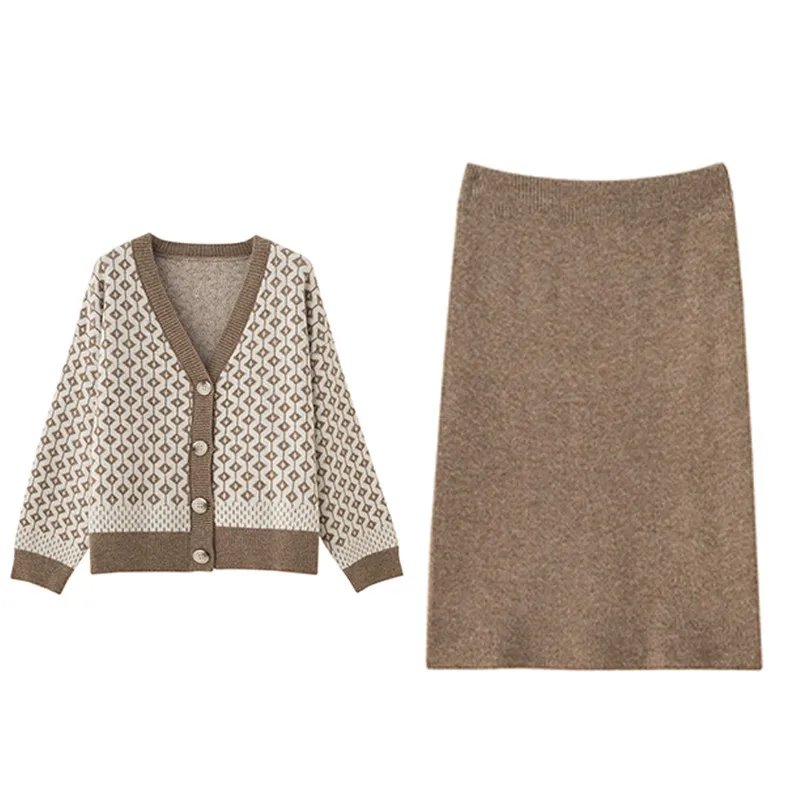 

Genayooa Vintage 2 Piece Set Women Skirt And Top Winter Houndstooth Knitted Two Piece Women Sets Skirt Warm Cardigan Sweater New