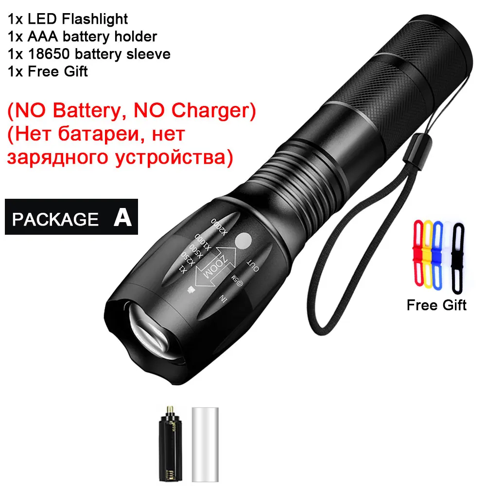 Package A Светодиодный светильник-вспышка, ультра яркий Перезаряжаемый фонарь T6/L2/V6, походный рыболовный светильник, 5 режимов, водонепроницаемый, масштабируемый, велосипедный светильник, 18650 - Испускаемый цвет: Package A