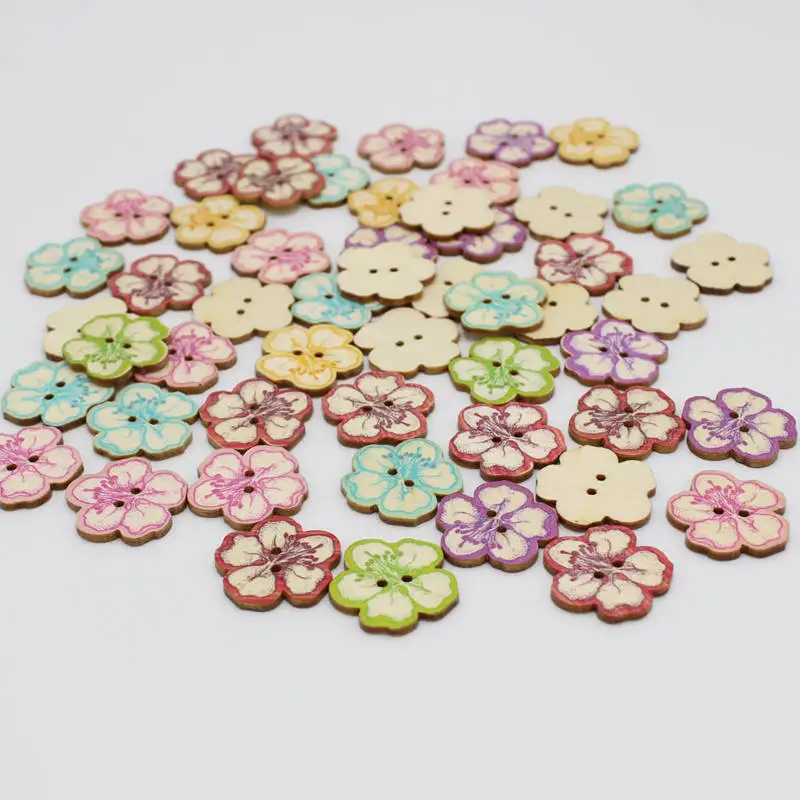 

50 шт./лот смешанные деревянные пуговицы для рукоделия скрапбукинга Швейные аксессуары Смешанные Цветные Цветочные пуговицы