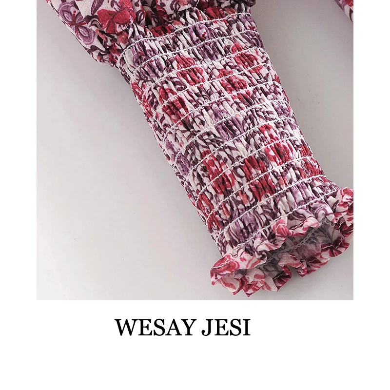 

WESAY JESI Spring Elegant Women Long Sleeve Floral Print Dresses Fashion Ladies Ruffles Bow Stand Collar Vintage Female Chic