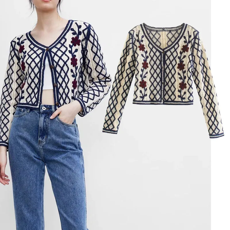 

Xypskh Za Women 2021 New Fashion Flower print pattern Plaid Jacquard Coat Vintage Long Sleeve Female Outerwear Chic Tops