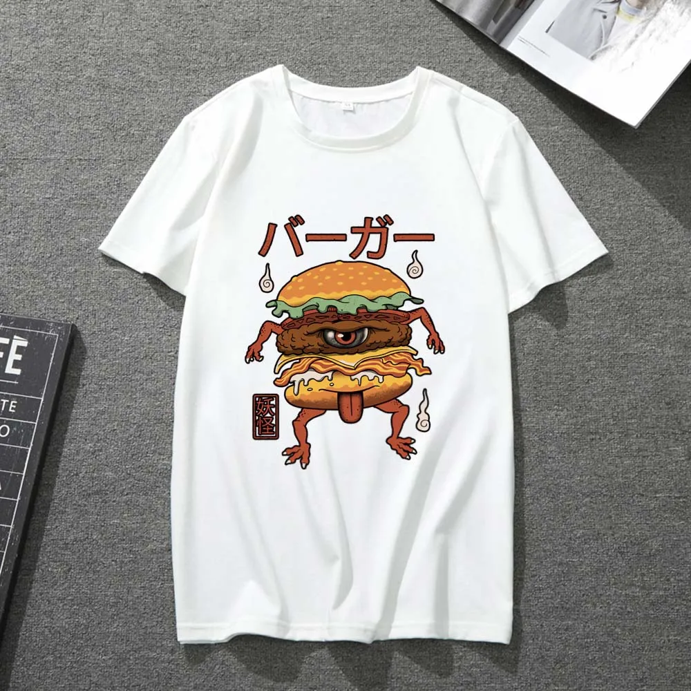 

White T-shirt Men and Women O-neck Universal Funny Burger Cartoon Pattern Printing Men and Women All-match Short-sleeved Shirt