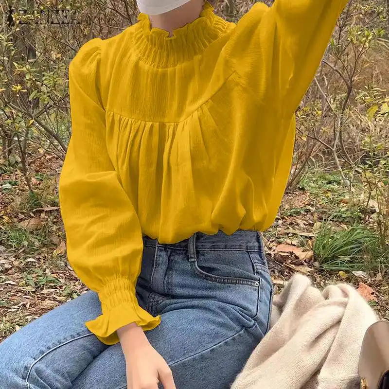 

Fashion Ruffle Turtleneck Blouse Women ZANZEA 2021 OL Spring Pleated Puff Sleeve Shirts Casual Female Solid Tops Blusa