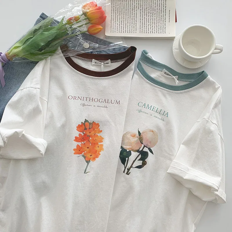 

EBAIHUI 2021 Short Sleeve Tees Harajuku Streetwear Floral Print T Shirt 100% Cotton Casual Hip Hop Loose Aesthetic T Shirts Top