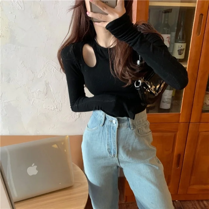 

Enough People Shoulder Hollow Round Neck Brush Hair Close to Skin Design Feeling Bottoming Long Sleeve t