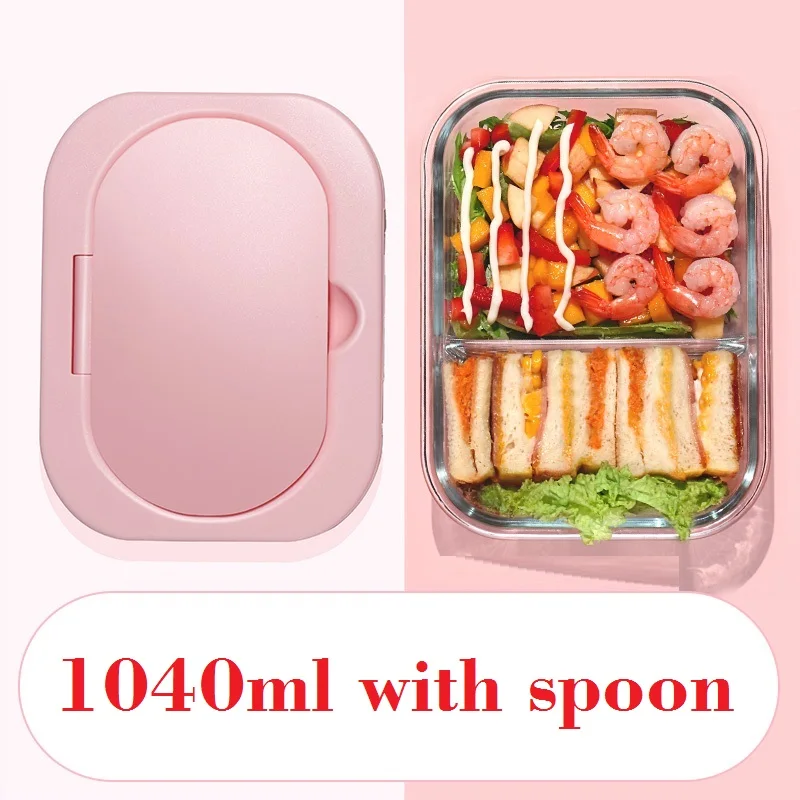 1040ml with spoon Microwavable стеклянный Ланч-бокс с разделителем, крышкой, сумкой; приготовление еды стеклянные контейнеры для хранения продуктов с 2 отсеками; ланч-контейнер - Цвет: 1040ml with spoon