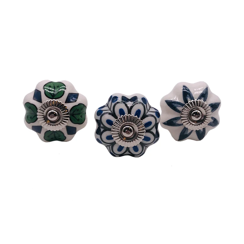 1x цветочные керамические ручки с листьями многоцветные для дверей шкафов и