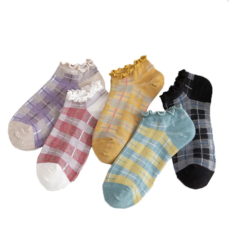 

Vintage Plaid Frilly Ruffle Socks Women Pack College Style Ins Korean Fashion Kawaii Soft Girl Cotton Calcetines 5 Pairs Set