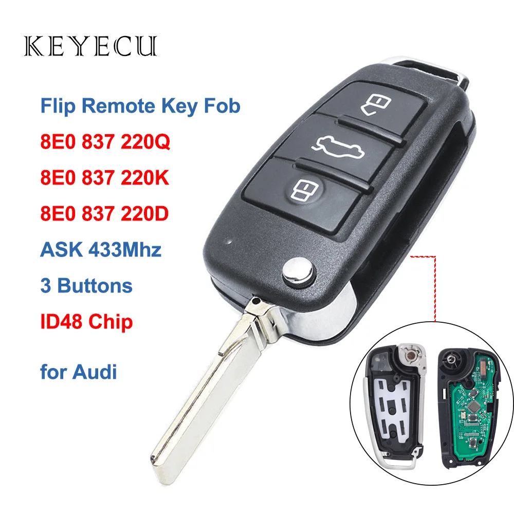 Пульт дистанционного управления Keyecu с 3 кнопками 433 МГц ID48 для Audi A4 Quattro RS4 S4 2005 2006