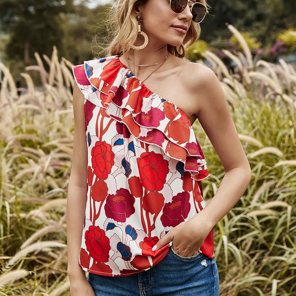 

2020 Summer New Fashion Women's Sexy Slanted Shoulder Backless Tube Top Print Top Women Beach Style Ladies Party Tees T-shirts