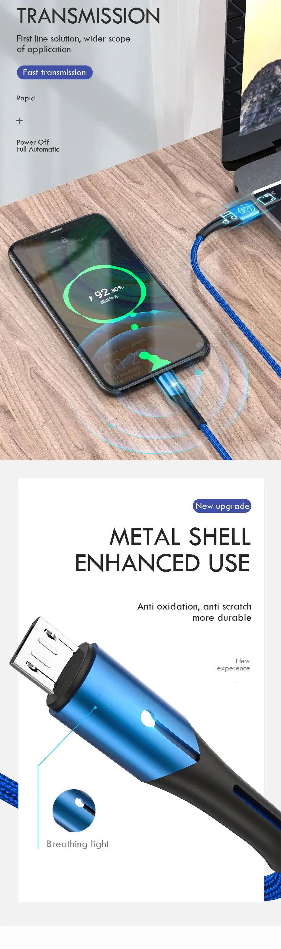 ZNP светодиодный Micro USB кабель для samsung J5 J7 Honor Быстрая зарядка Android мобильный телефон Microusb кабель для Redmi Note 5 шнур зарядного устройства