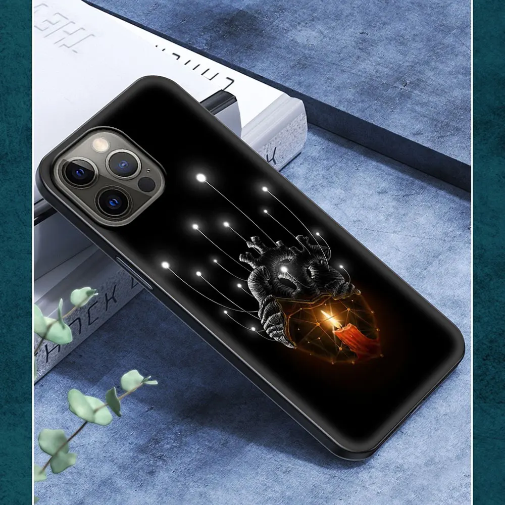 

Phone Case For iPhone 11 12 Pro XS Max 8 7 Plus X XR Silicone Soft TPU Black Shell Back Cover Coque Fundas Bag Mechanical Heart