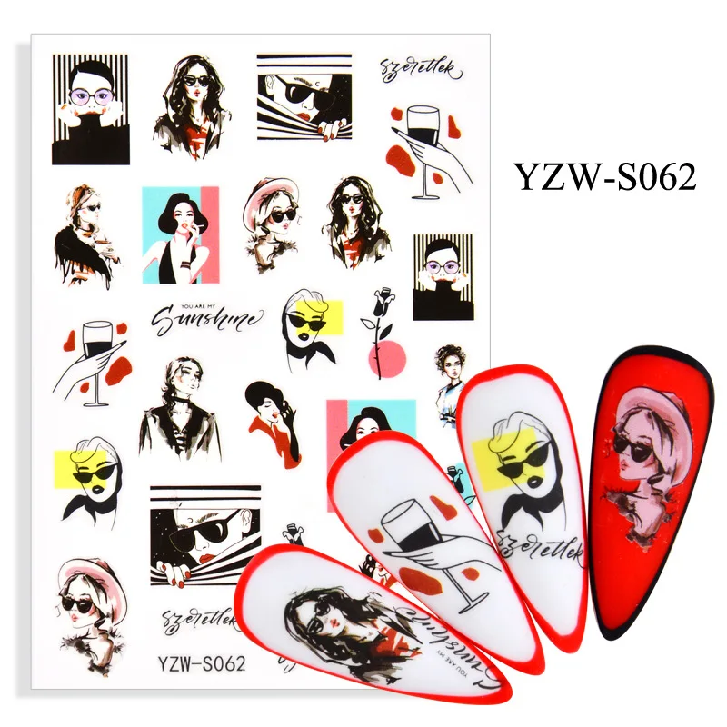 3D наклейки для ногтей геометрические абстрактные линии женское лицо