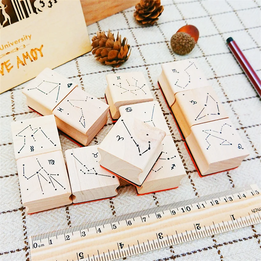 Деревянные штампы 12 созвездий, DIY деревянные резиновые штампы, роза, цветок, фотография, набор для скрапбукинга