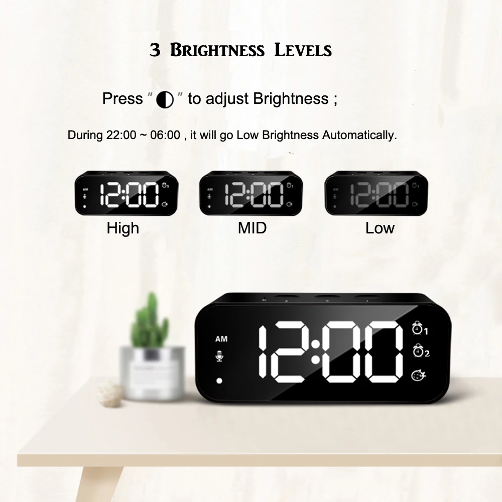 

Rechargeable DIY Sound Recording LED Mirror Music Clock with Dual Alarms and Snooze Bedroom Decor Desk Table Phone Charger Clock
