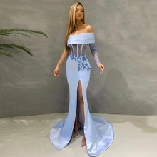 Vestido De fiesta De sirena con hombros descubiertos para mujer, Vestido De satén con abertura y apliques De ilusión, manga larga, talla grande, 2021 (2)