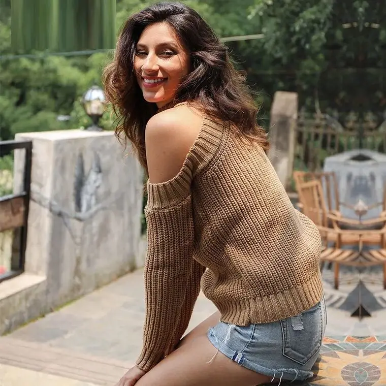 Свитер женский осенний сексуальный открытый плечо Свободный вязаный свитер