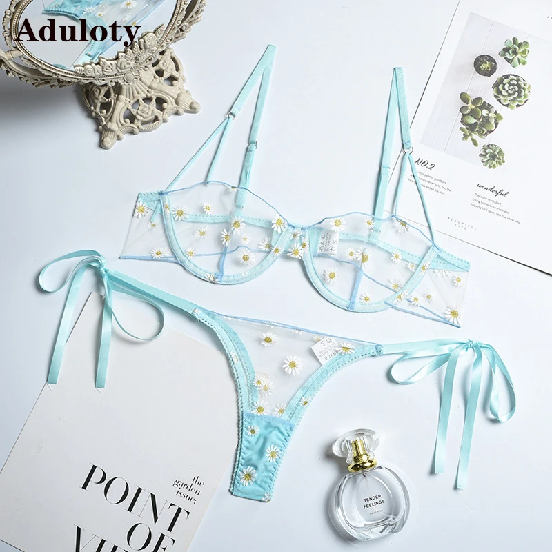 

Aduloty Hot Girl Fashion Erotic Lingerie Little Daisy Embroidery Net Gauze Perspective Transparent Band Steel Ring Sexy Underwea