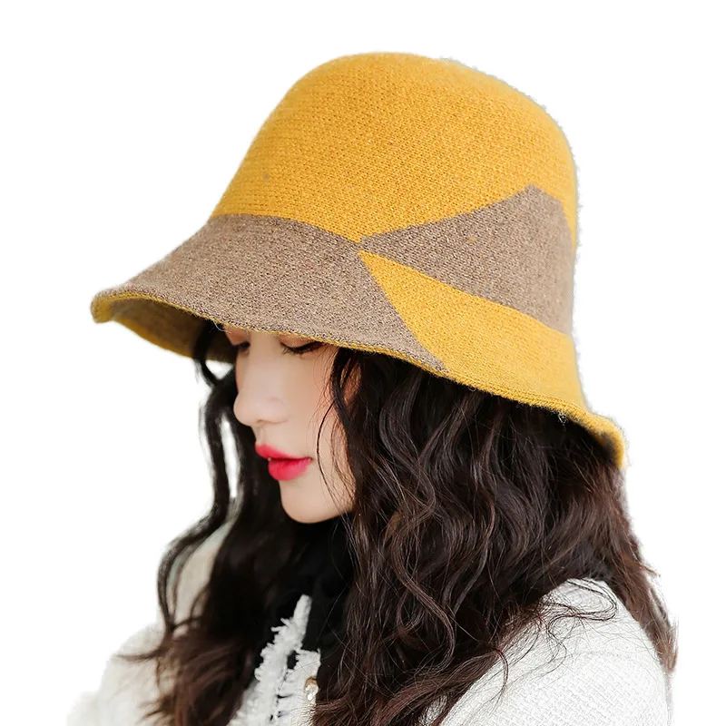 

Winter new warm knitted hat women's Korean color matching fashion versatile temperament wool fisherman hat