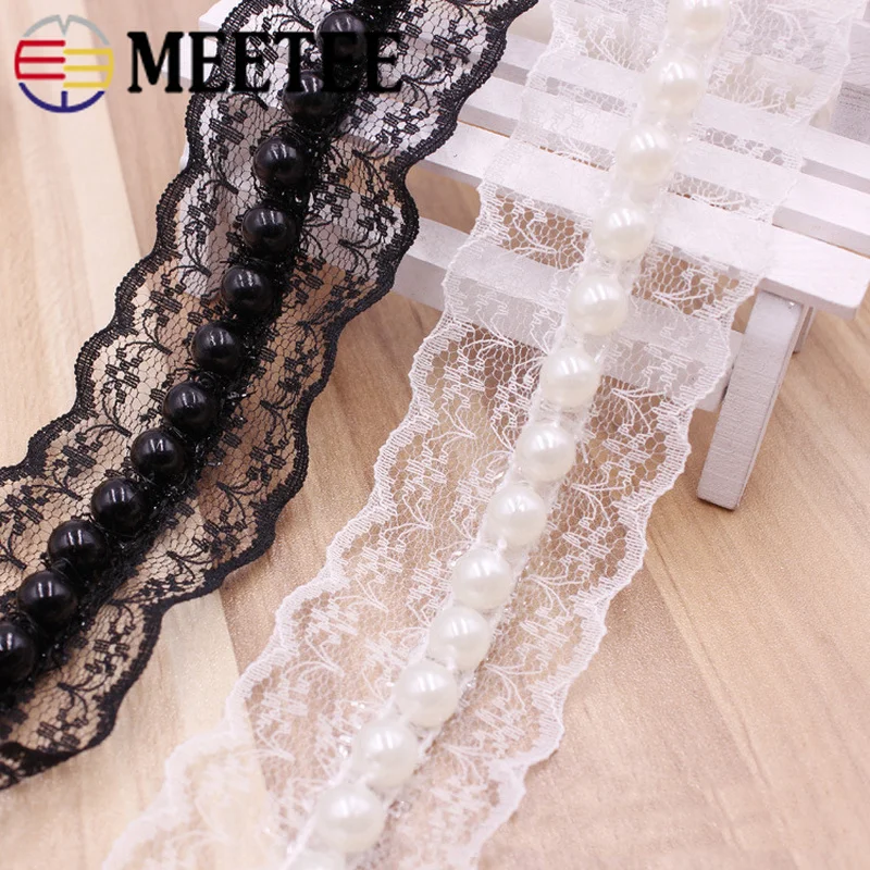 Meetee 2 размера 40 мм белый черный жемчуг кружевная отделка ткань бисерные шнурки