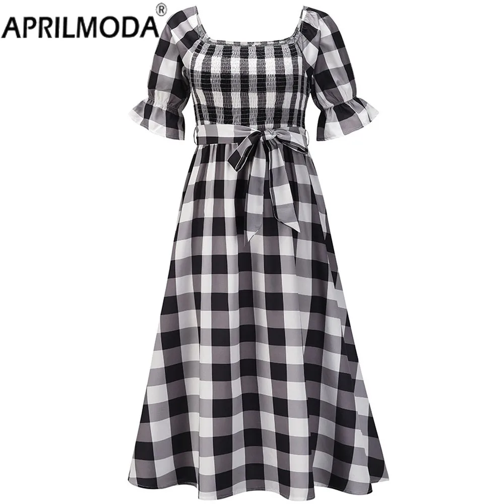 

2022 в ретро-стиле женские вечерние платье летные сексуальные топы с коротким рукавом Миди платье в клетку с принтом пляжное праздничное плат...