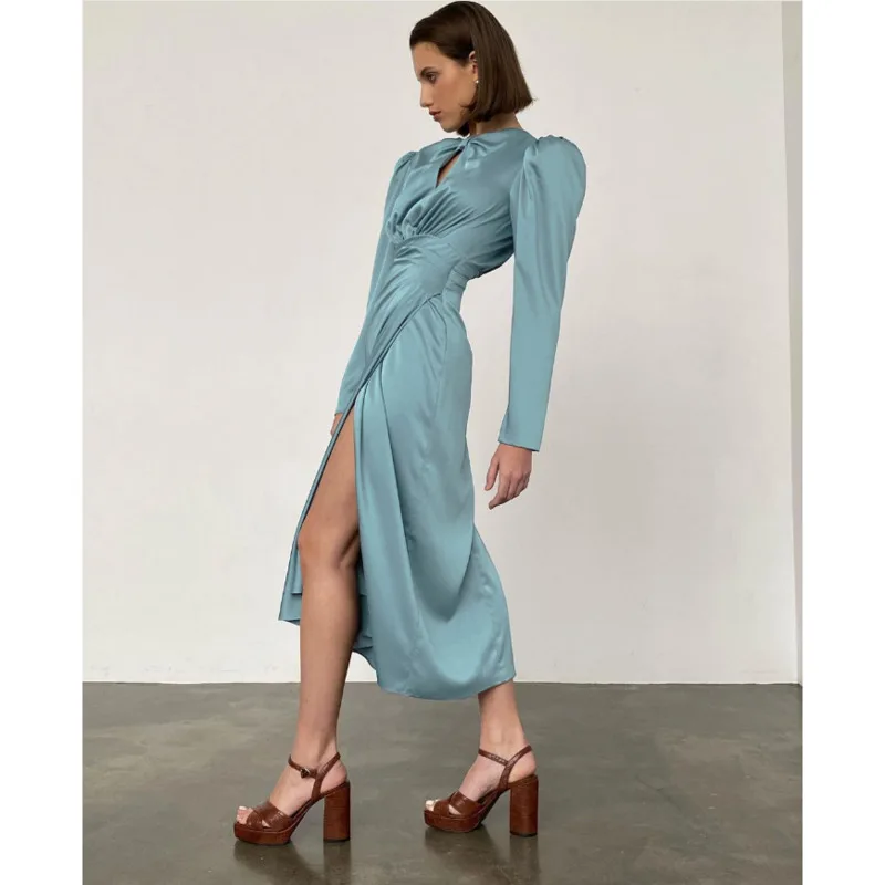 

2021 Spring Satin Elegant Women Dress Sexy Hollow Out Long Party Dress Fashion A Line Puff Sleeve High Waist Ladies Long Dress
