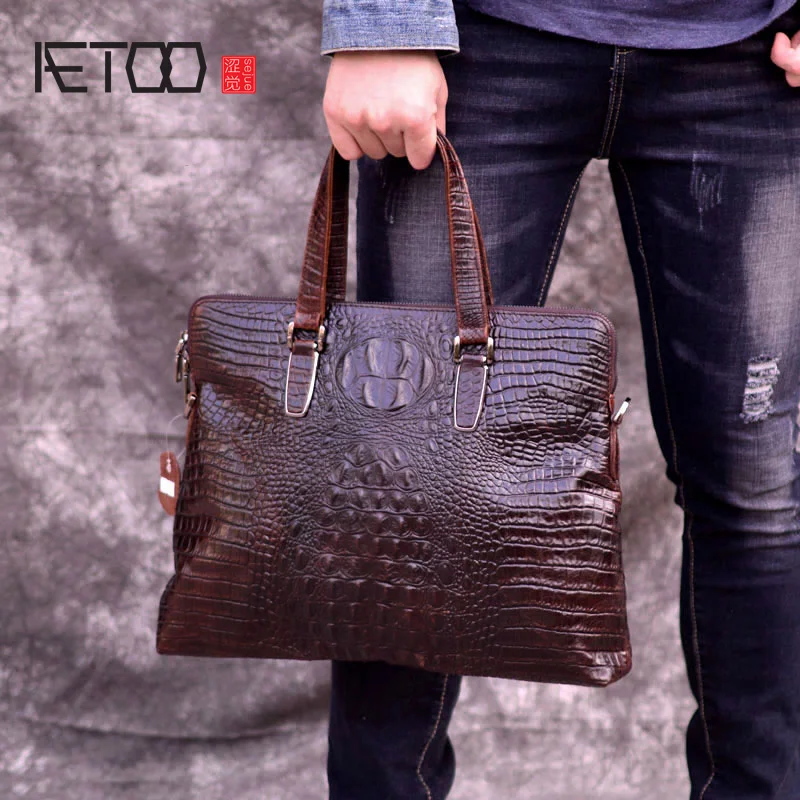 AETOO мужской портфель с крокодиловым узором кожаная мужская деловая сумка