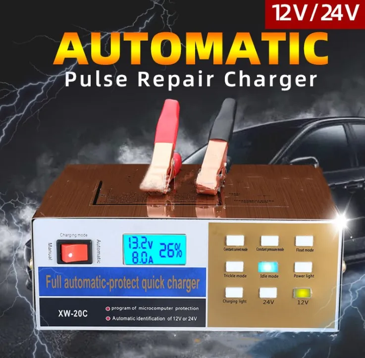 English version Full Automatic Car Battery Charger Intelligent Pulse Repair Battery Charger 12V/24V Truck Motorcycle Charger