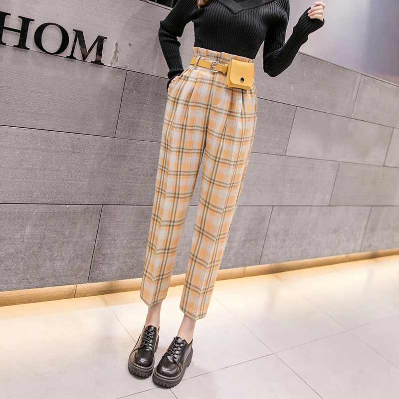 KINOMI Осенние клетчатые женские брюки в Корейском стиле с ремнем Женская рабочая