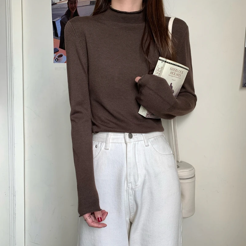 

Женский трикотажный свитер, однотонный Удобный Повседневный облегающий свитер с длинным рукавом и высоким воротником, лето