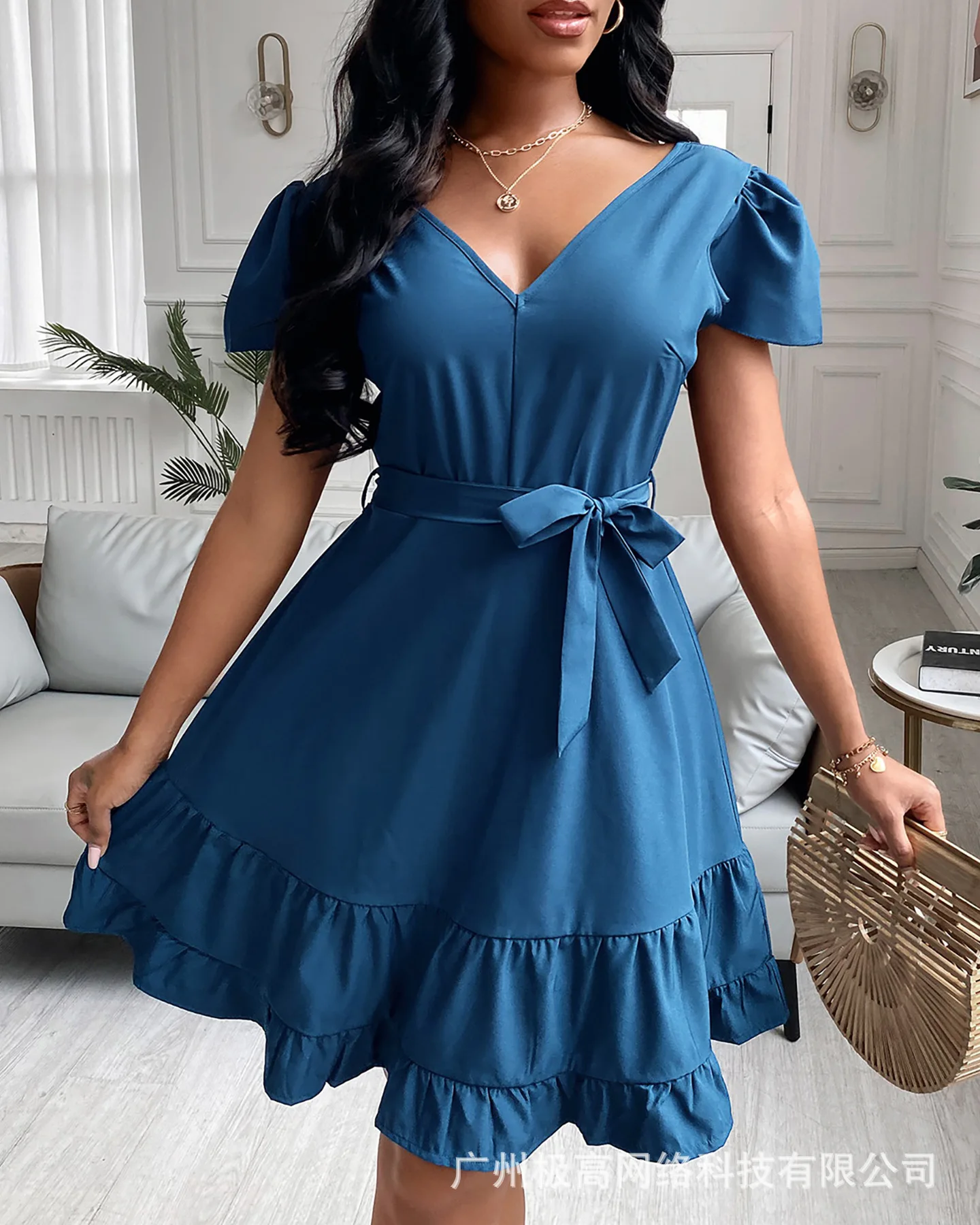 

Women Dress 2021 New Summer Short Sleeve V-neck Dress Women Fashion Sexy Backless Dress Vestido Feminino