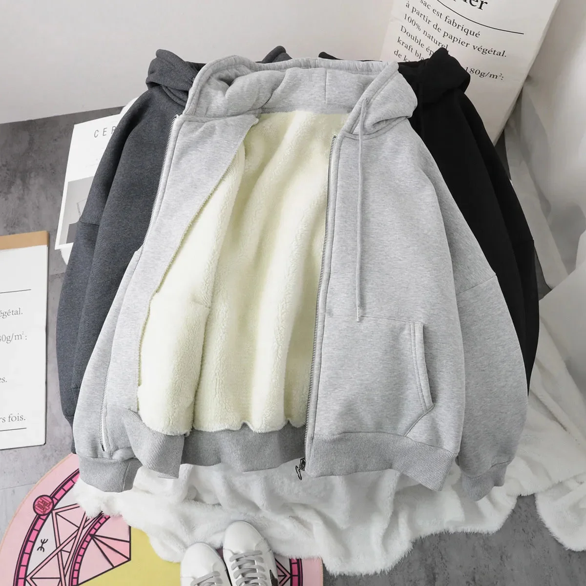 

2022 Autumn Winter Women Solid Color Hoodies Imitation Lamb Wool Korean Loose Plus Velvet Thick Zipper Sweatshirt Tops Jacket