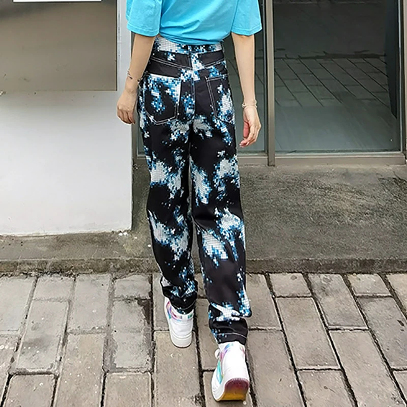 

SHENGPALAE Streetwear Graffiti Printed Jeans Women's Spring Autumn 2021 New High Waist Loose Straight Denim Pants Female Tide