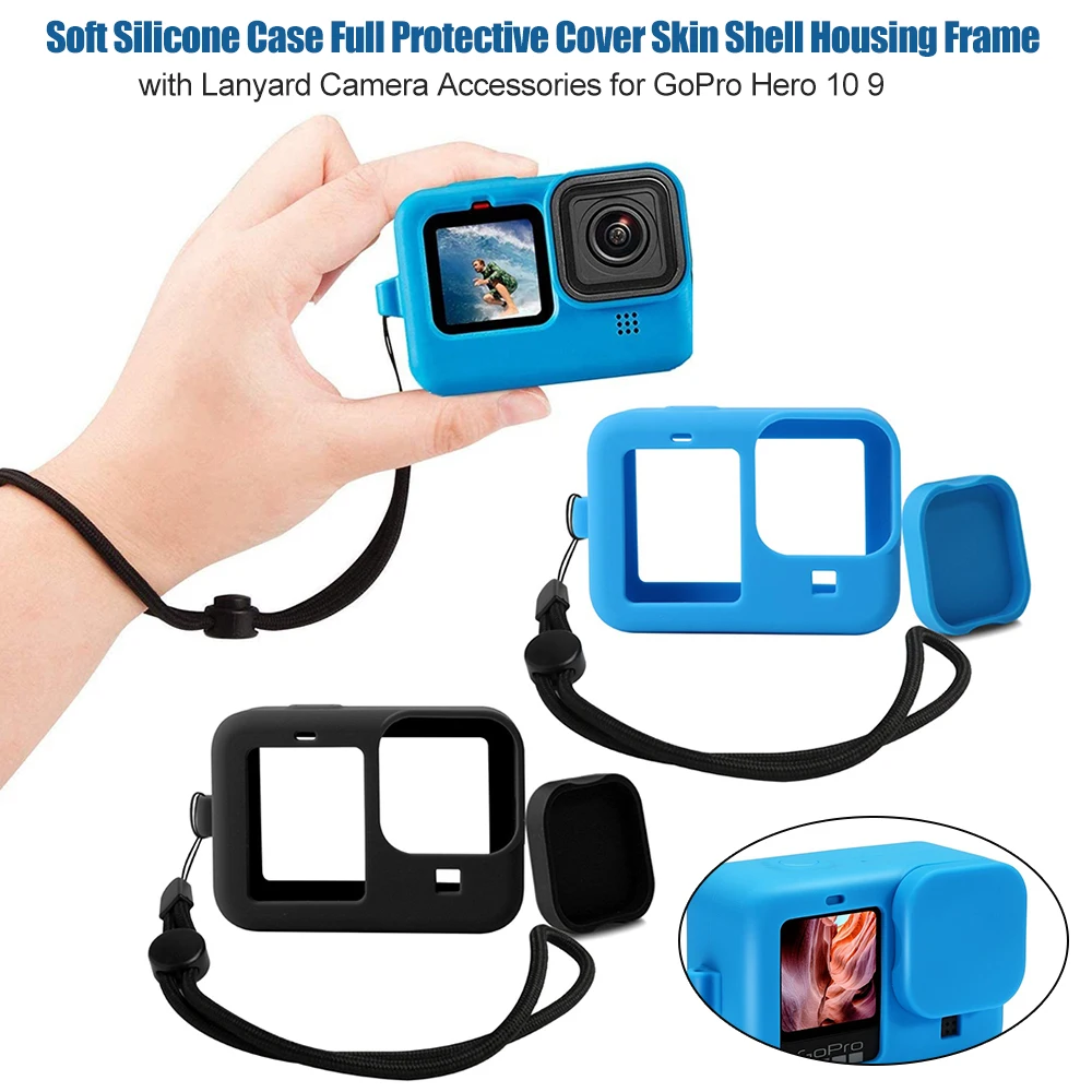 

Soft Silicone Case Full Protective Cover Skin Shell Housing Frame With Lanyard Camera Accessories For GoPro Hero 10 9 Blac/Blue