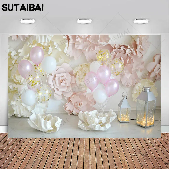 

Photo Backdrop Birthday Party Decor Pink Flowers Balloon Girl Banner Wallpaper Photo Background Photophone Photo Studio