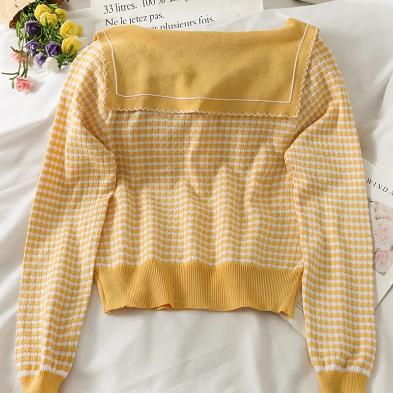 

Pull Femme Sailor Collar Bottons Plaid Knitted Sweaters Women 2021 Autumn New Cute Clothes Loose Long Sleeve Pullover Short Tops