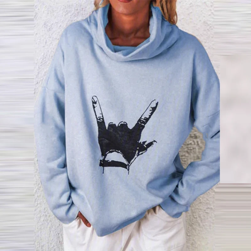 

Autumn Casual Turtleneck Women's Sweatshirts Fashion Gesture Printed Long Sleeve Pullover Tops Female Loose Streetwear Hoodies