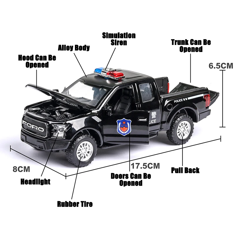 1:32 Масштаб F150 F 150 SVT Raptor полицейский автомобиль модельные листы игрушки с горячей