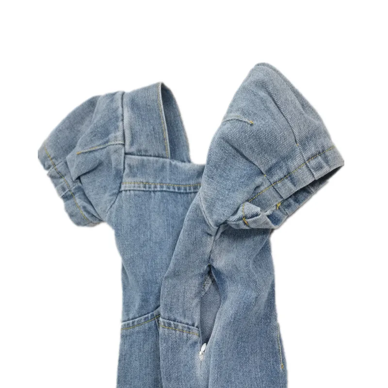 

Girls Summer U-Neck Bubble Sleeve Denim Skirt Dress