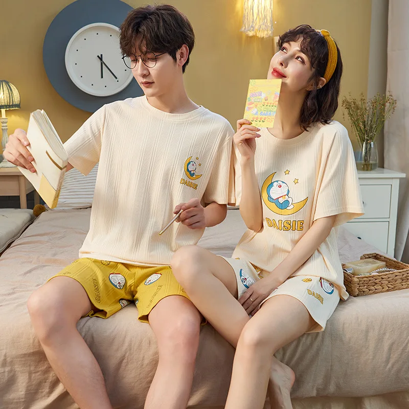 

Summer Japan Anime Couple Pajamas Set Kawaii Sweet Doraemon Cartoon Maiden Sleepwear Leisure Cotton Short Sleeve Men Homewear