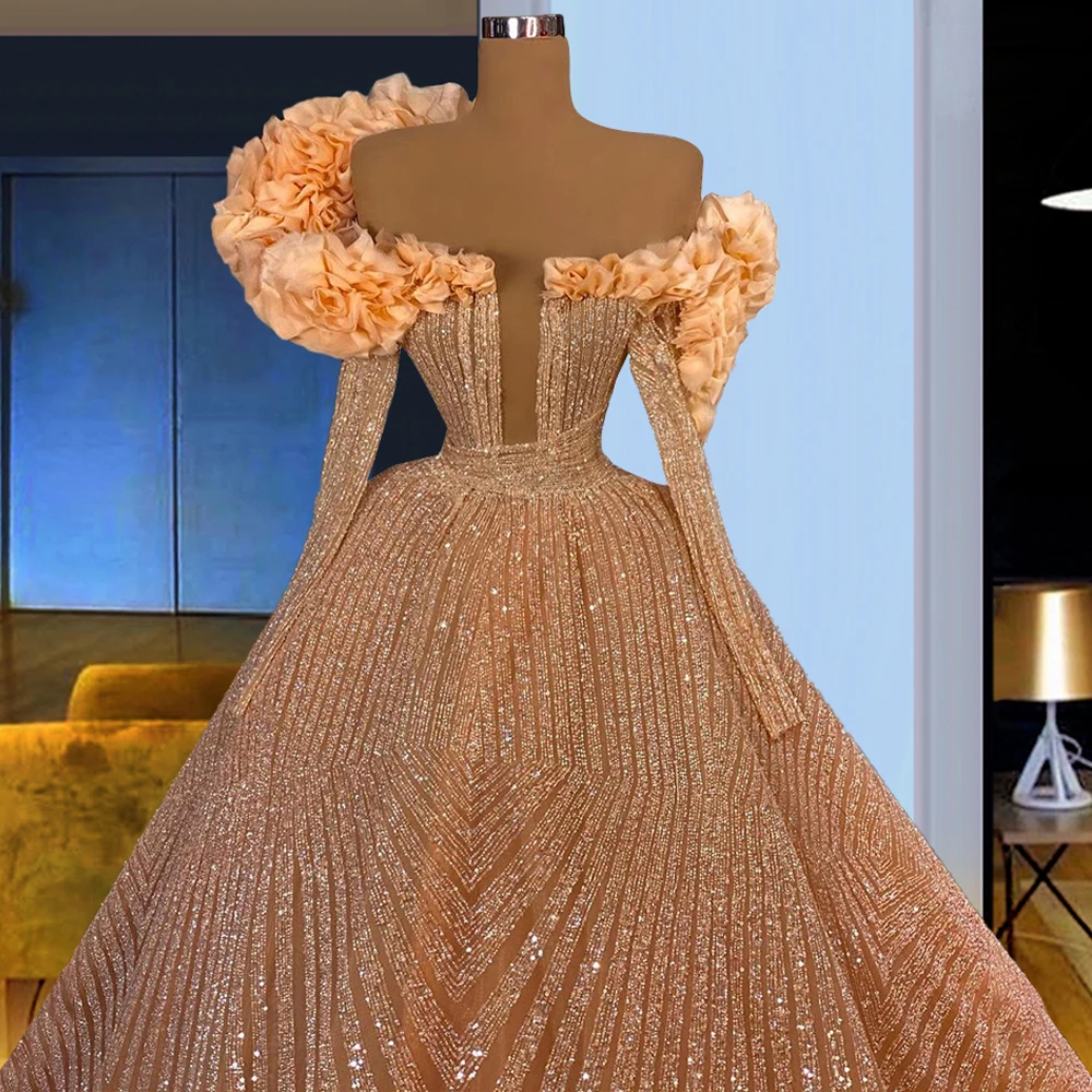 

Orange Long Sleeve Dress Dubai Wedding Dress Off Shoulder France vestidos formales Islamic Turkish Wedding Gown