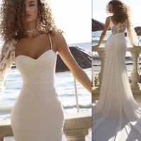 sexy elegant mermaid wedding dress 2021 sweetheart new detachable sleeve backless satin lace applique spaghetti strap bride gown