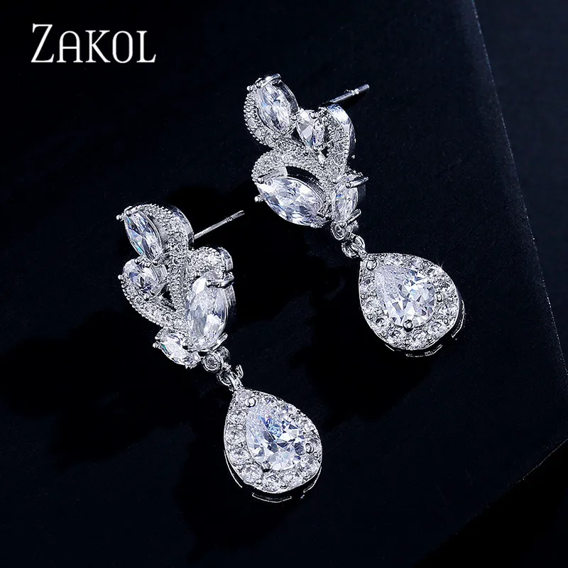 Модные серьги капельки ZAKOL с фианитом в виде маркиза изысканные свадебные