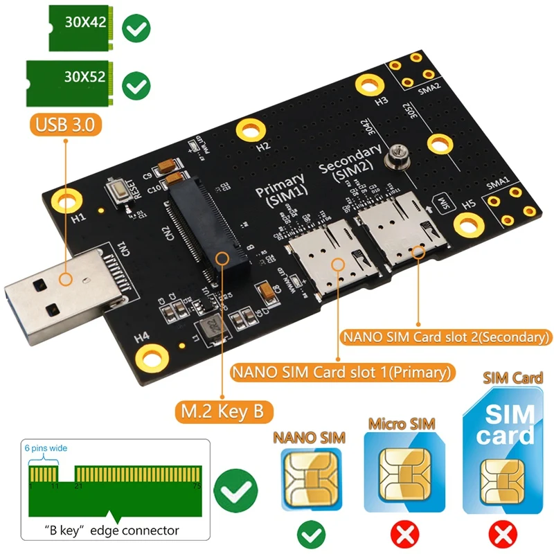 NGFF(M.2) к USB 3 0 адаптер с двойной слот для карт NANO SIM 3G/4G/5G модуль поддерживает 3042/3052