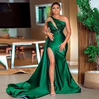 one shoulder evening dresses long merimaid 2021 sexy high slit with train african women green formal party prom gowns plus size