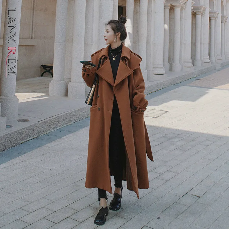 

LANMREM 2022 осенне-зимнее прямое теплое пальто до середины икры со шнуровкой и расклешенной талией, Черное длинное шерстяное пальто для женщин ...